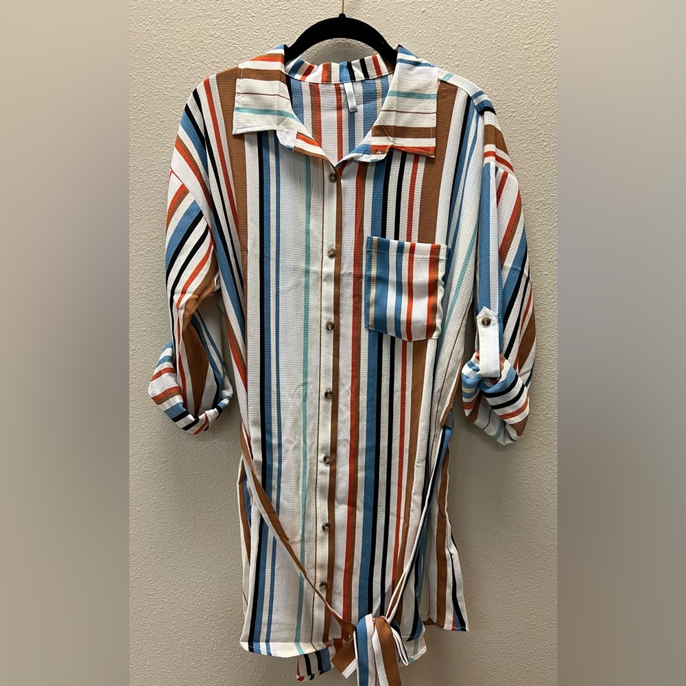 Nevena Rea - NEW No Tags - 1X - Striped Button-Front Shirt/Dress - Multi Color